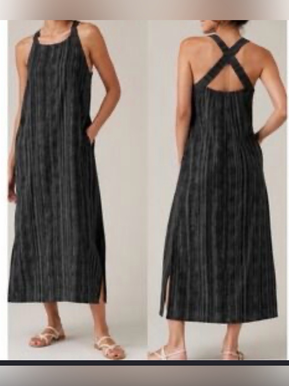 NWT ATHLETA Arrival Black Striped Cross-Back, Side Slit ,Maxi Dress S